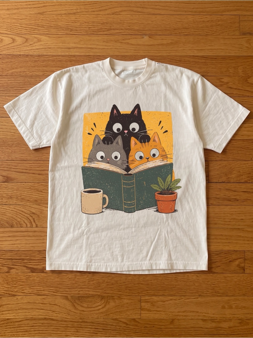 Gildan Cream Tee with Three Cats Reading Graphic